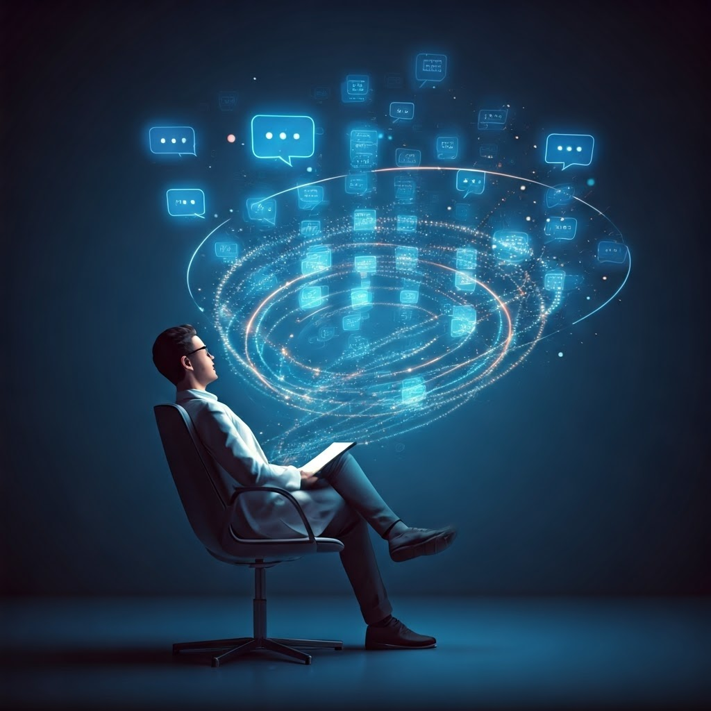 Data scientist leaning back while glowing data points form speech bubbles