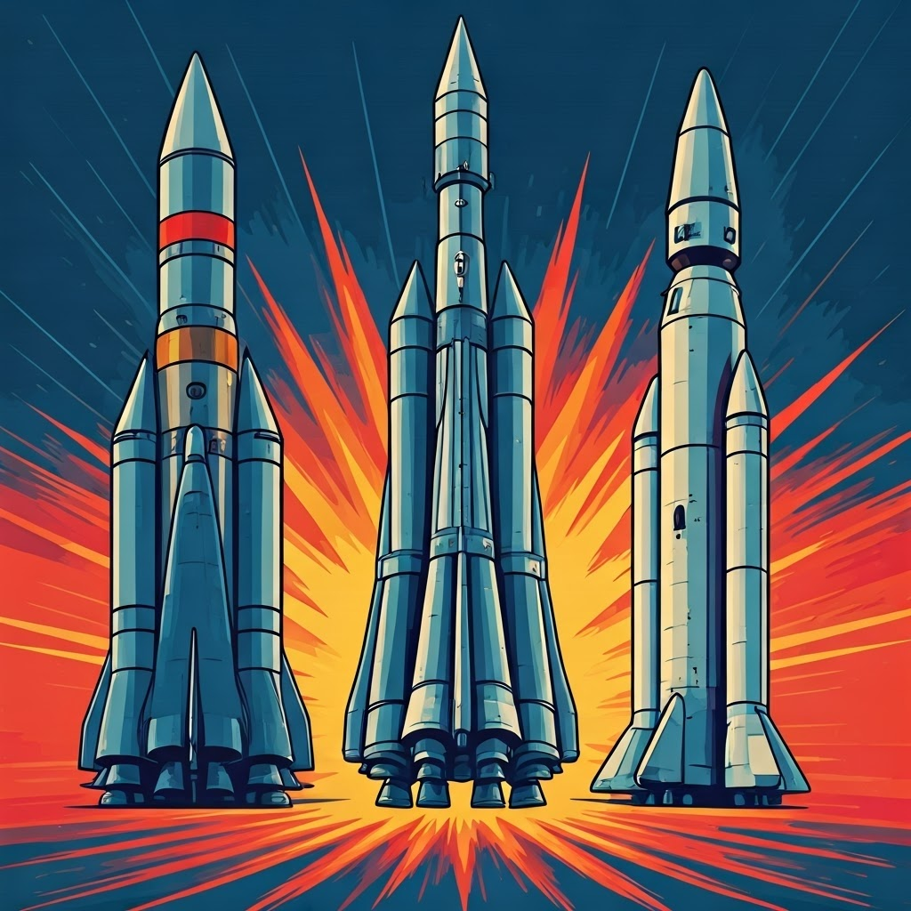 Colorful pop-art collage of Soyuz, Ariane 5, and Falcon 9 with national flag motifs and comic-style energy