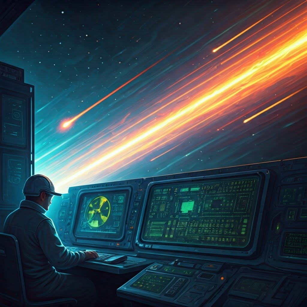 Impressionist view of cosmic radiation affecting spacecraft electronics while self-reboot safeguards engage