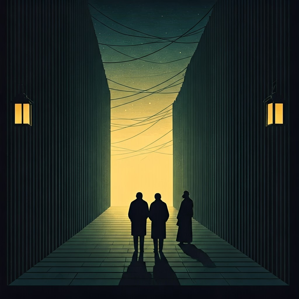 Pre-dawn woodblock scene of concrete segments rising while Berliners watch in silence.