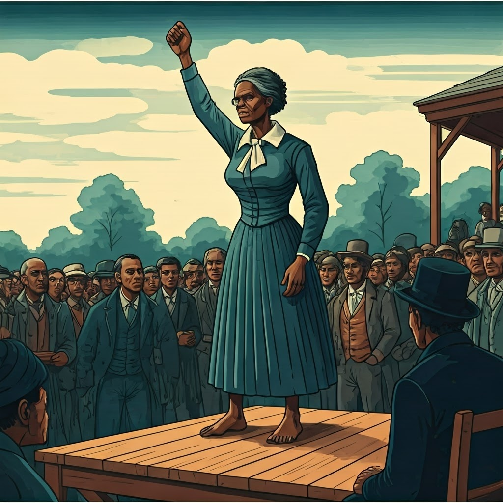 Ukiyo-e print of Sojourner Truth addressing a 19th-century crowd—historic call for equal rights.