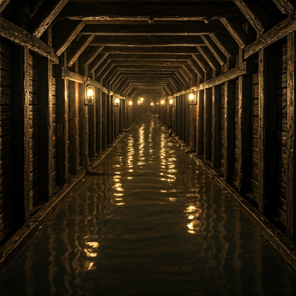 Flooded mine tunnel with waist-deep water and worried miners, showing the threat of stoppages