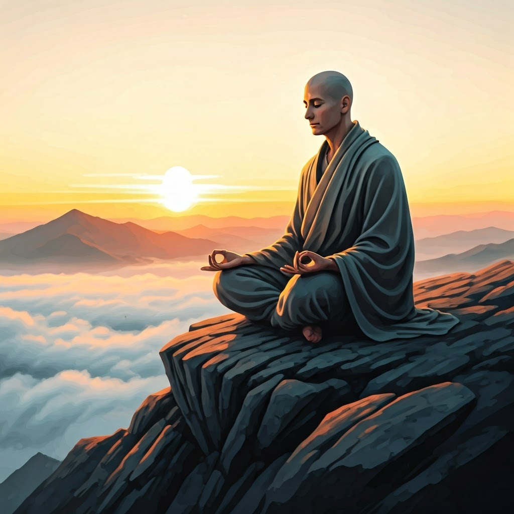 Meditator on a mountain peak at dawn, radiating quiet focus into the misty horizon.