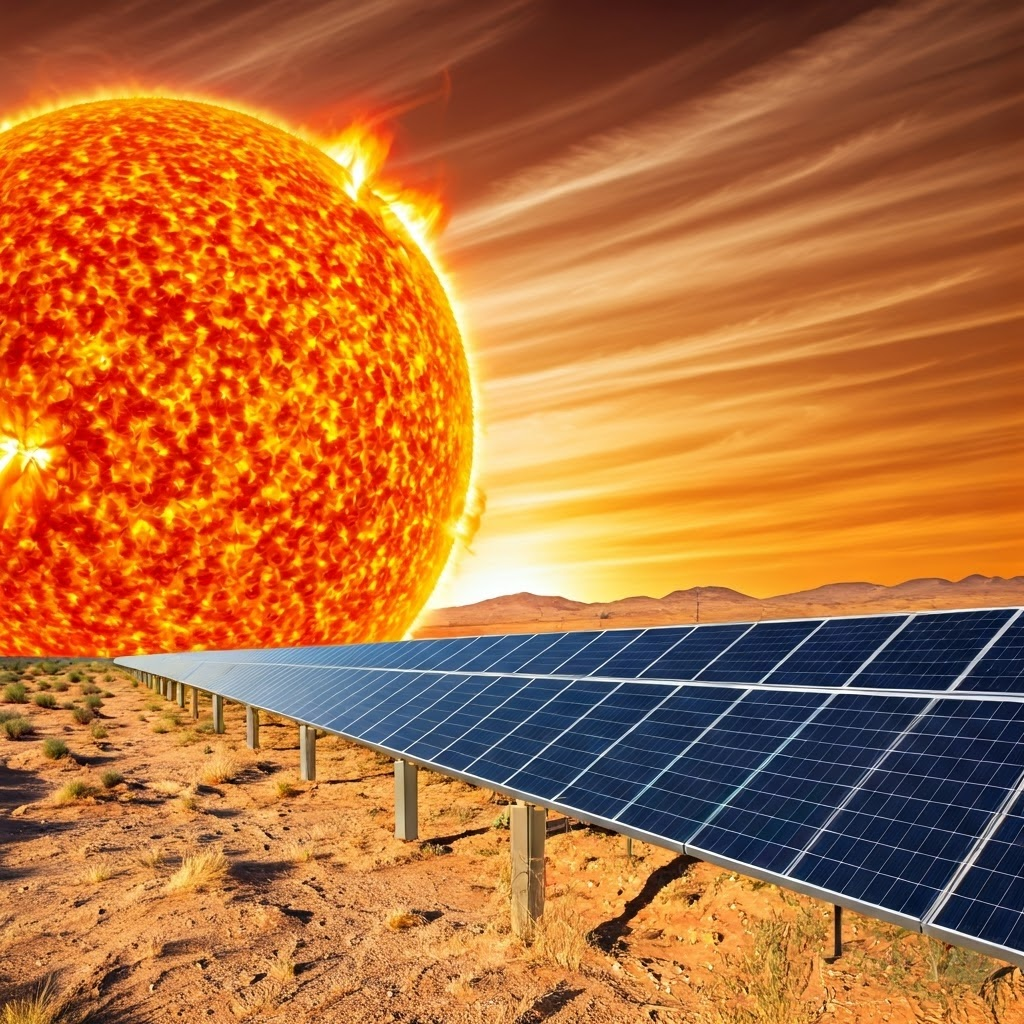 Collage blending the Sun, dusty worlds, solar panels, and storage devices into one panoramic scene
