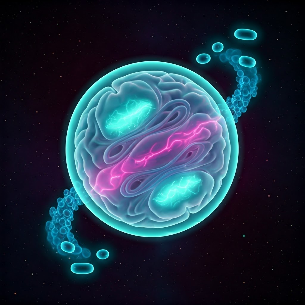 Neon-lit jelly-like brain cell with glowing omega-3 molecules swirling nearby.