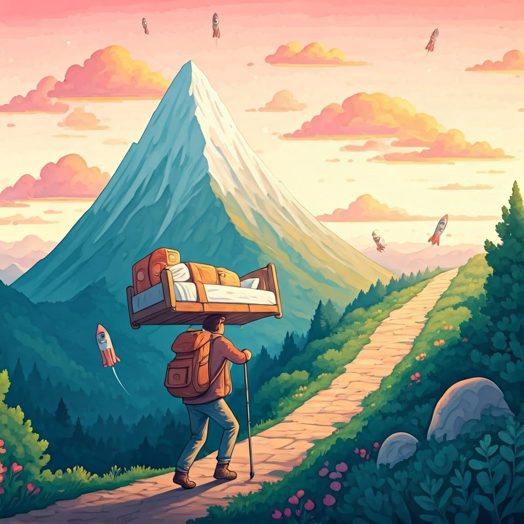 Hiker lugging bed and snacks up a painted mountain, rockets zoom overhead.