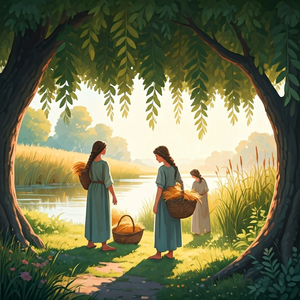 Watercolor scene of early gatherers filling baskets with wild grain by a calm river.