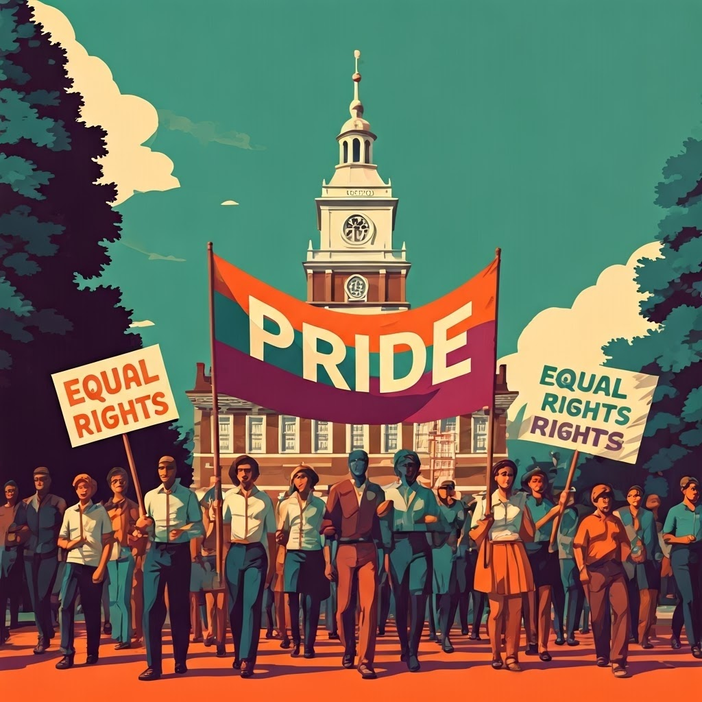 Colorful 1960s protest poster of diverse activists waving PRIDE banners, conveying rising energy in the movement.