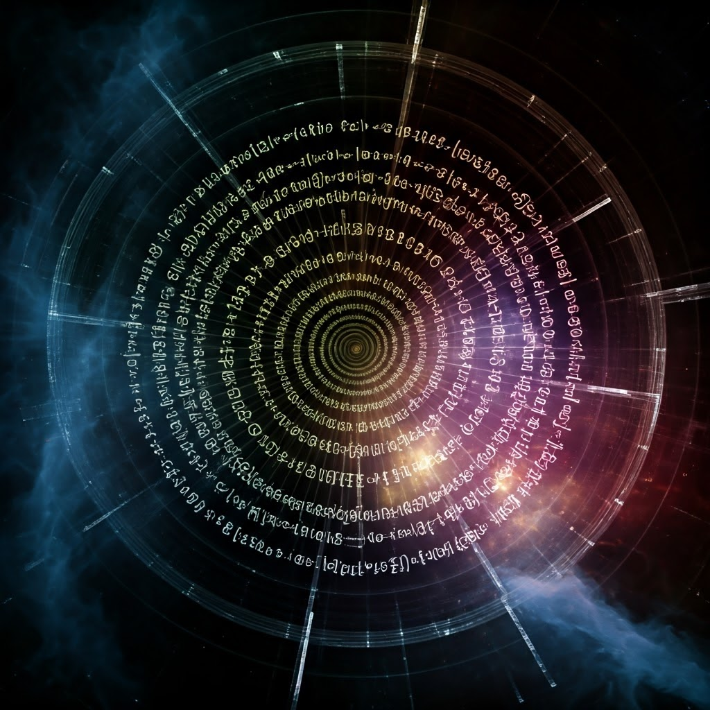 Galaxy of glowing characters spiraling outward with equations floating nearby, symbolizing password entropy.