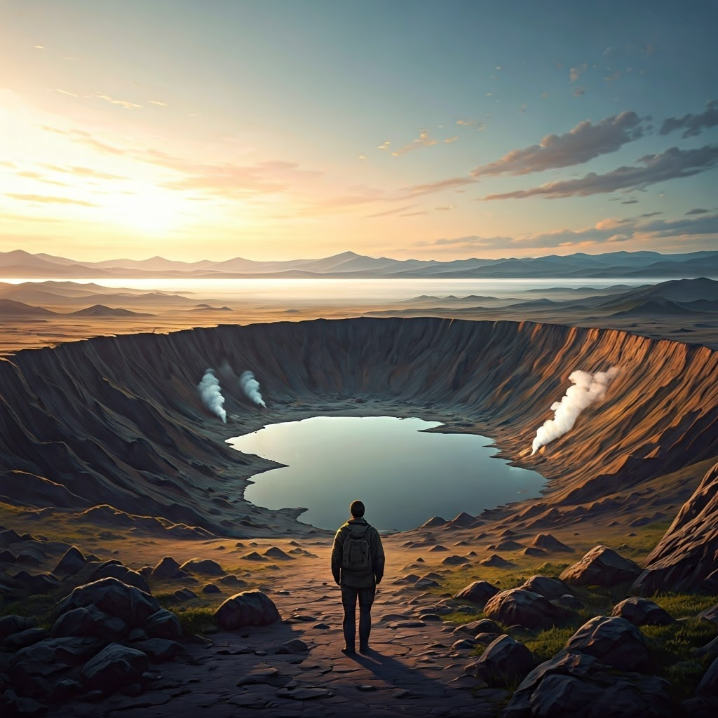 Atmospheric painting shows a vast caldera rim with steam vents and a sunrise over a lake filling the depression.