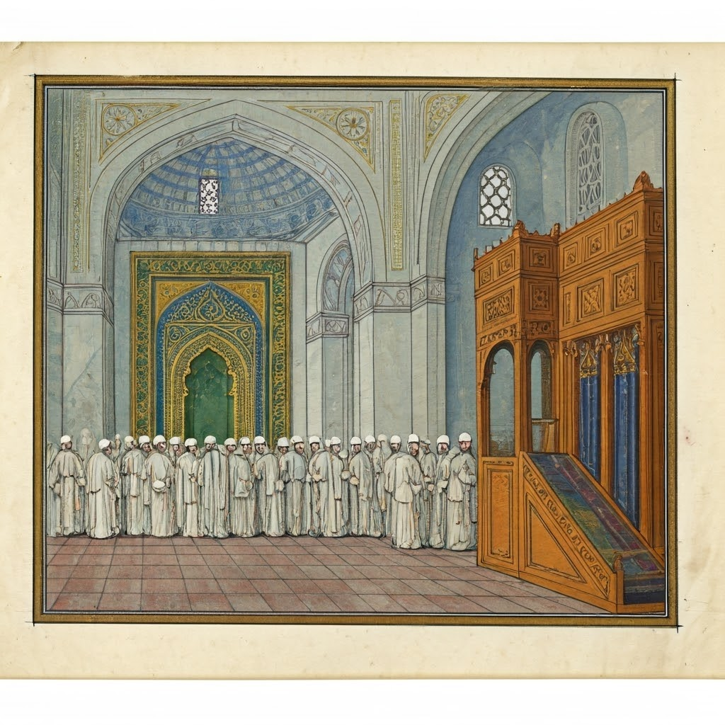 Hand-drawn scene showing a mihrab, an ark, and a raised bimah in one shared interior