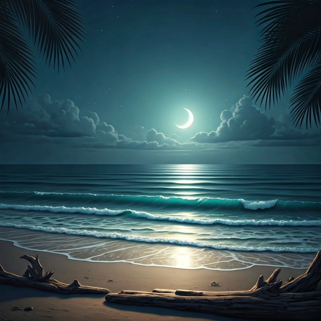 Gentle waves slide under a crescent moon on a quiet beach framed by driftwood and palms.