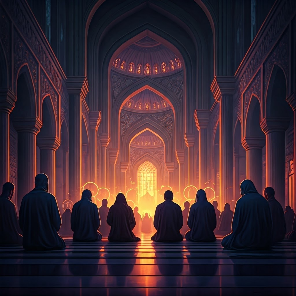 Neon silhouettes clutch beads and pause under minarets, capturing sound touch and light in one vibrant frame.