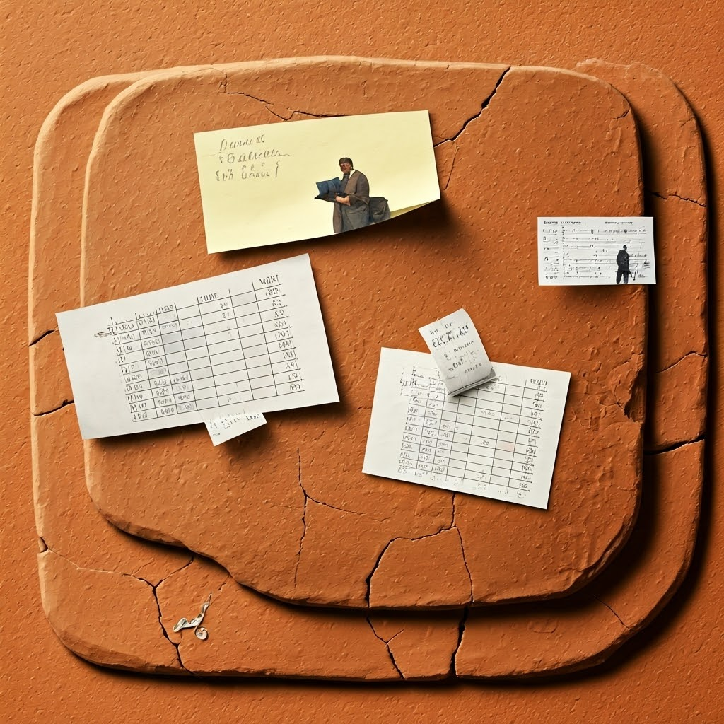 Playful collage mixing clay tablets with modern spreadsheets and sticky notes, connecting ancient and modern record-keeping.