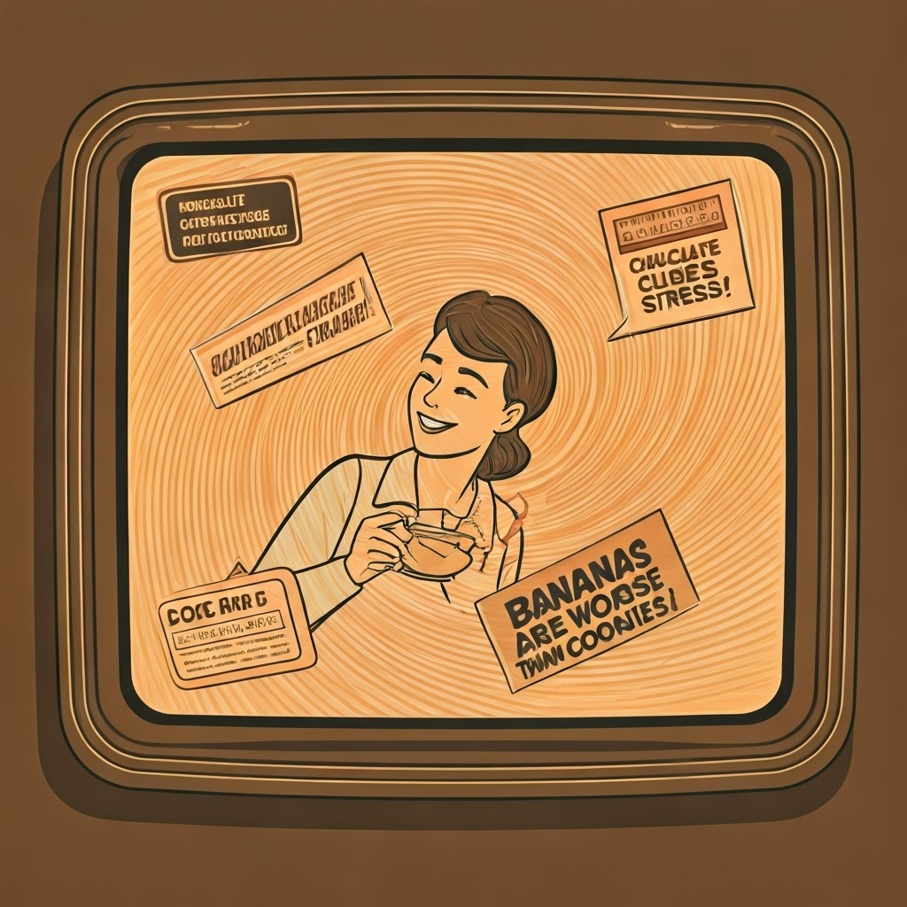 Vintage-style social media feed flashes sensational nutrition headlines to illustrate hype.