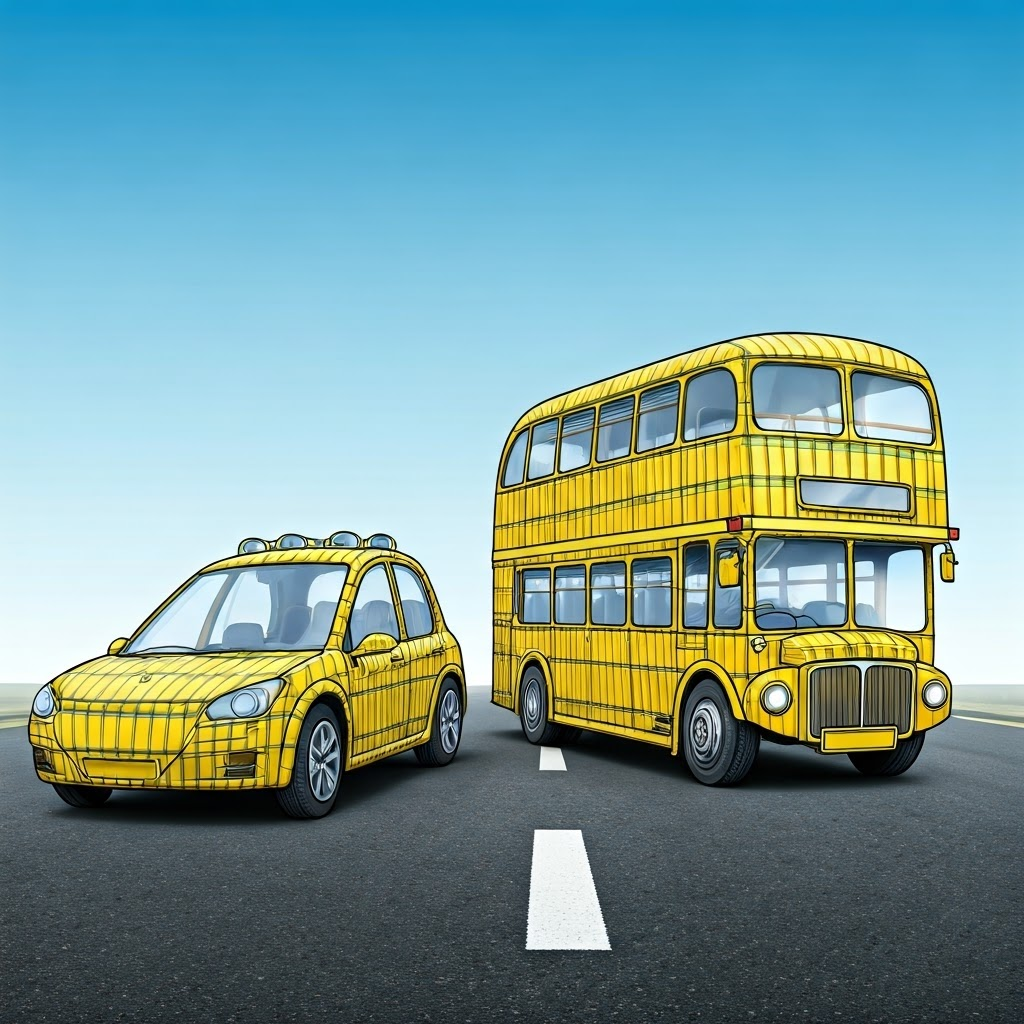 Cartoon sports car, sedan, and double-decker bus made from battery cells on a road