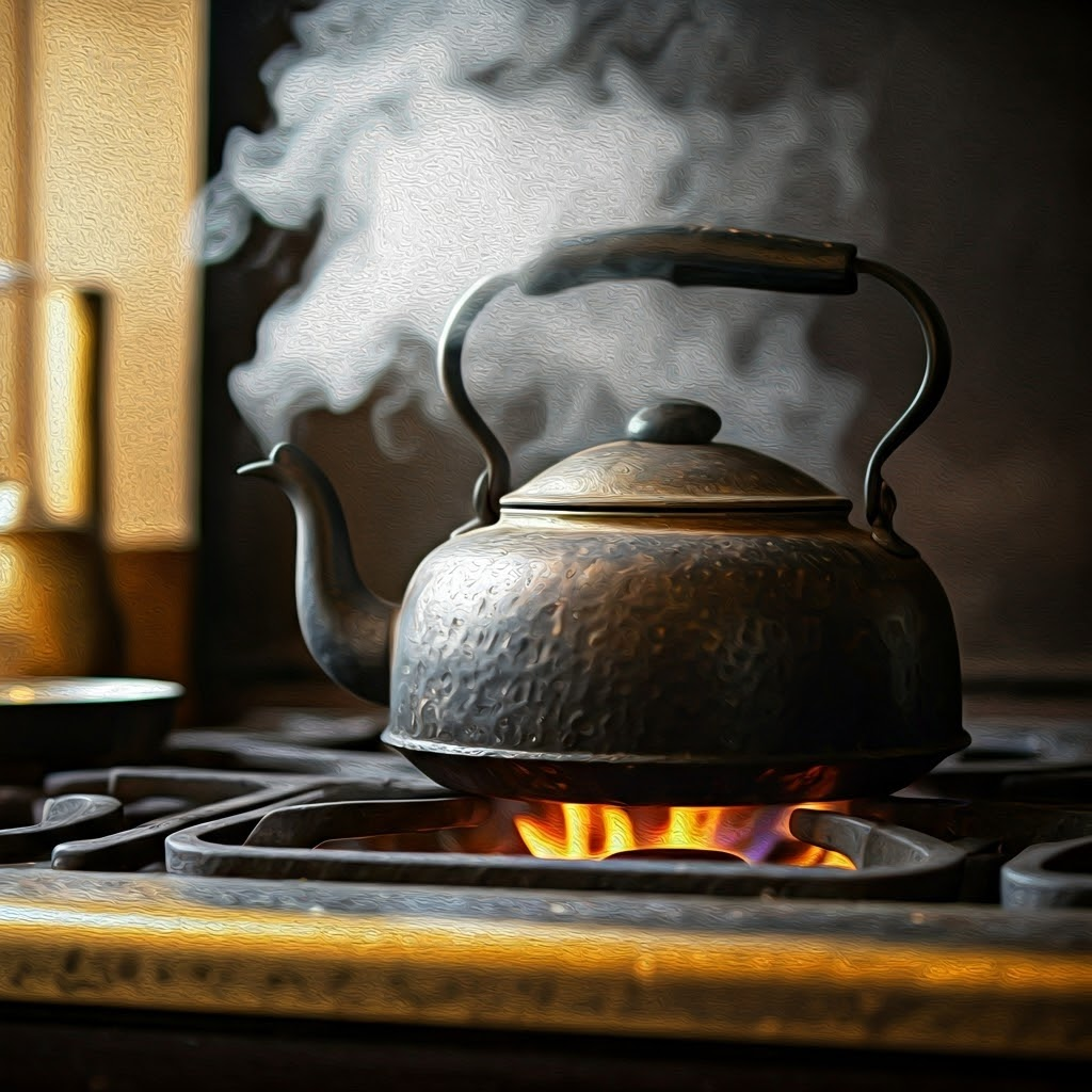 Old cast-iron stove with a black kettle releasing thick steam in a warm 19th-century cottage kitchen—shows everyday origins of steam power.