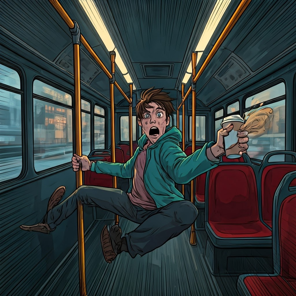 Commuter on bus spills coffee showing inertia during sudden stop