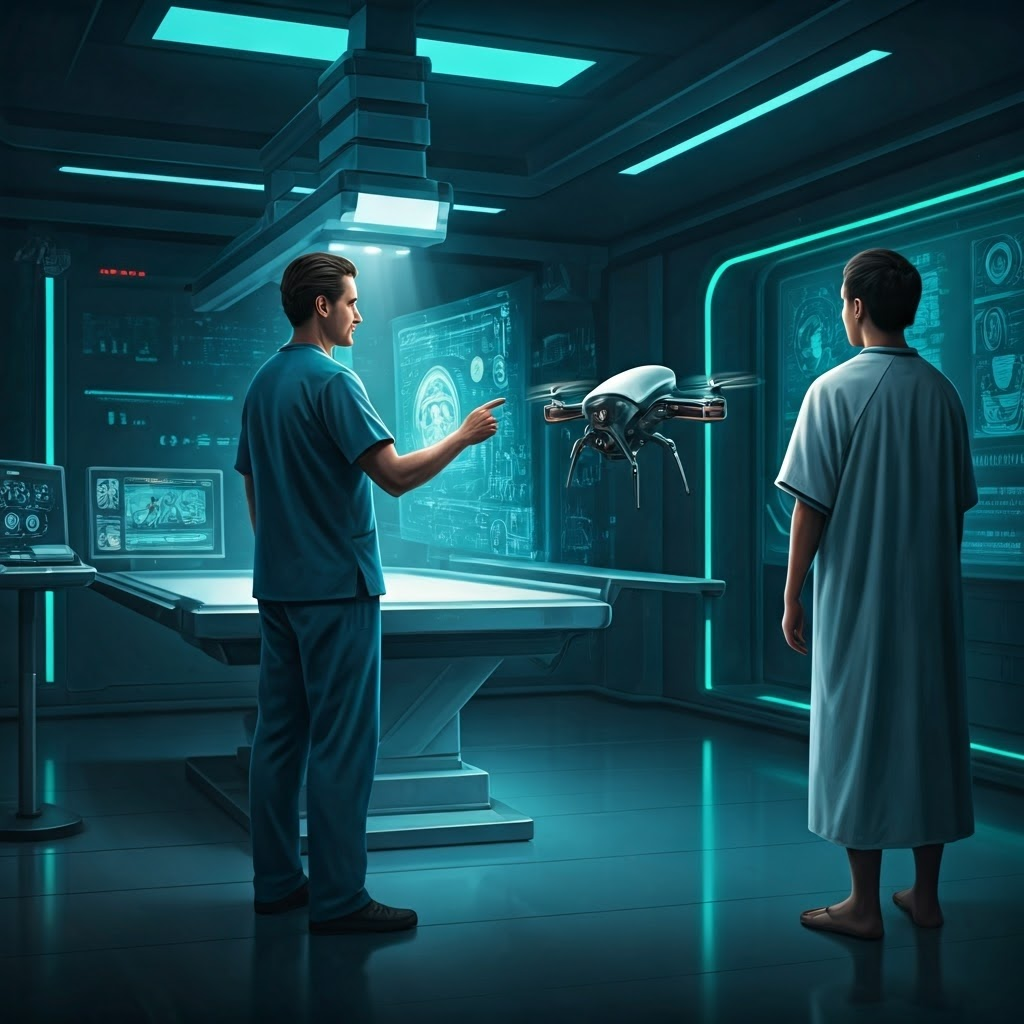 Futuristic x-ray suite where an AI drone guides a radiologist to a hidden anomaly for rapid diagnosis.