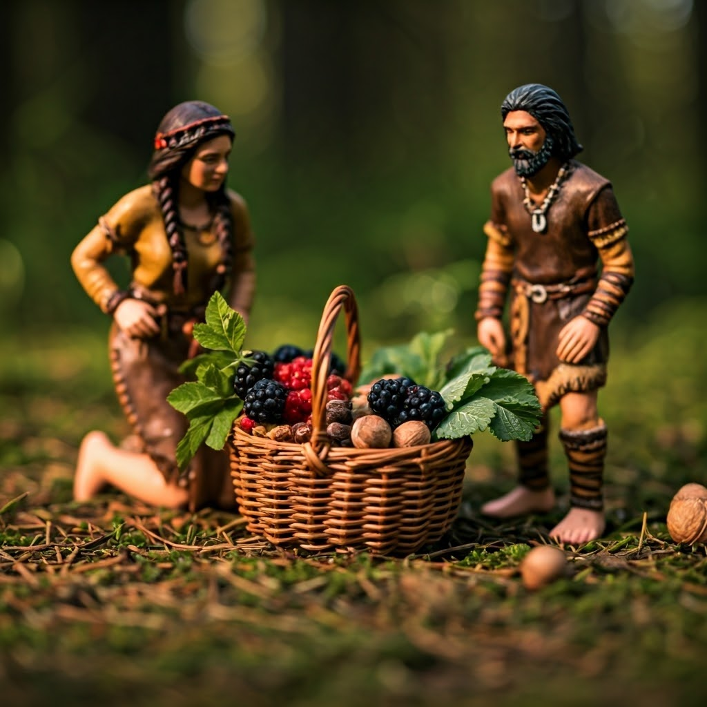 Close-up of two early foragers kneeling beside a basket of gathered berries, roots, and greens at sunrise.