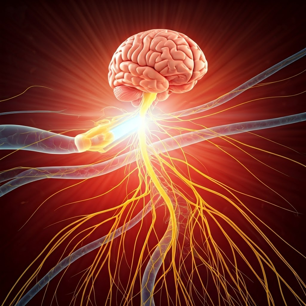Cartoon-style nerve cells sprint down the spinal cord, passing a glowing baton of electrical charge