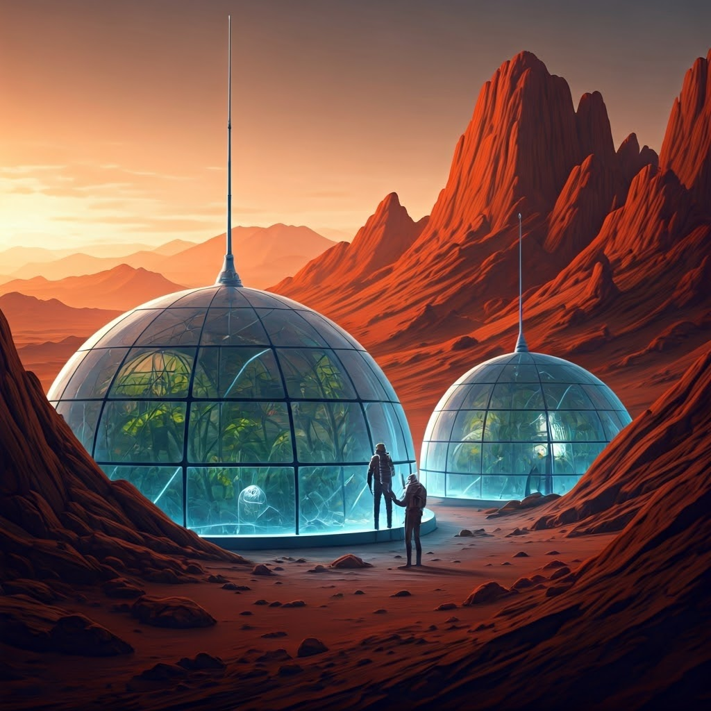Martian landscape with clear ice domes used as greenhouses