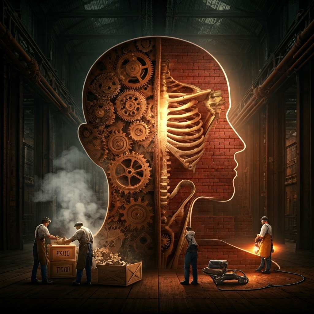 Steampunk interior where one crew breaks crates of food for fuel while another crew builds muscle and bone, illustrating the two halves of metabolism.