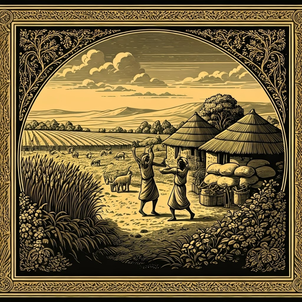 Woodcut revival scene of villagers dancing beside grain stores and grazing herds.