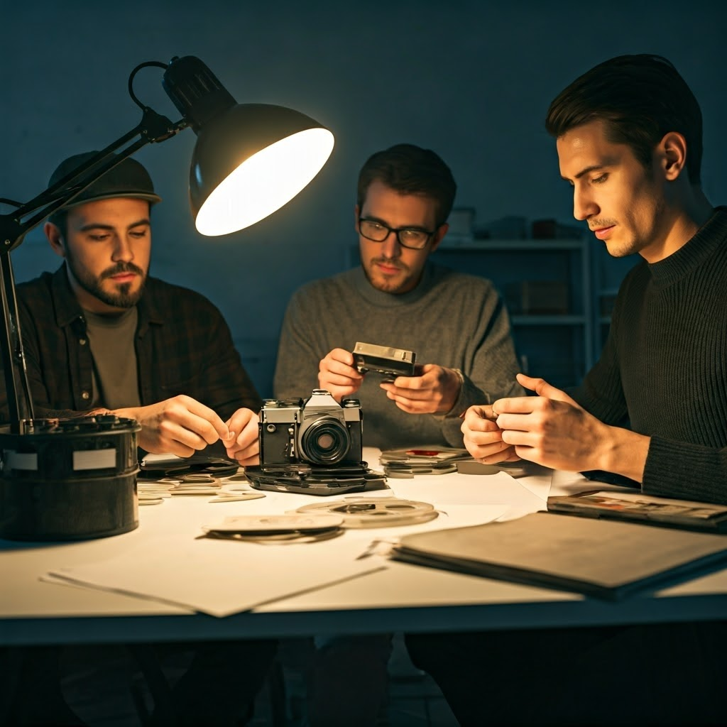 Volunteers digitizing old tapes and letters in a small archive room, vintage cameras and reels scattered across tables