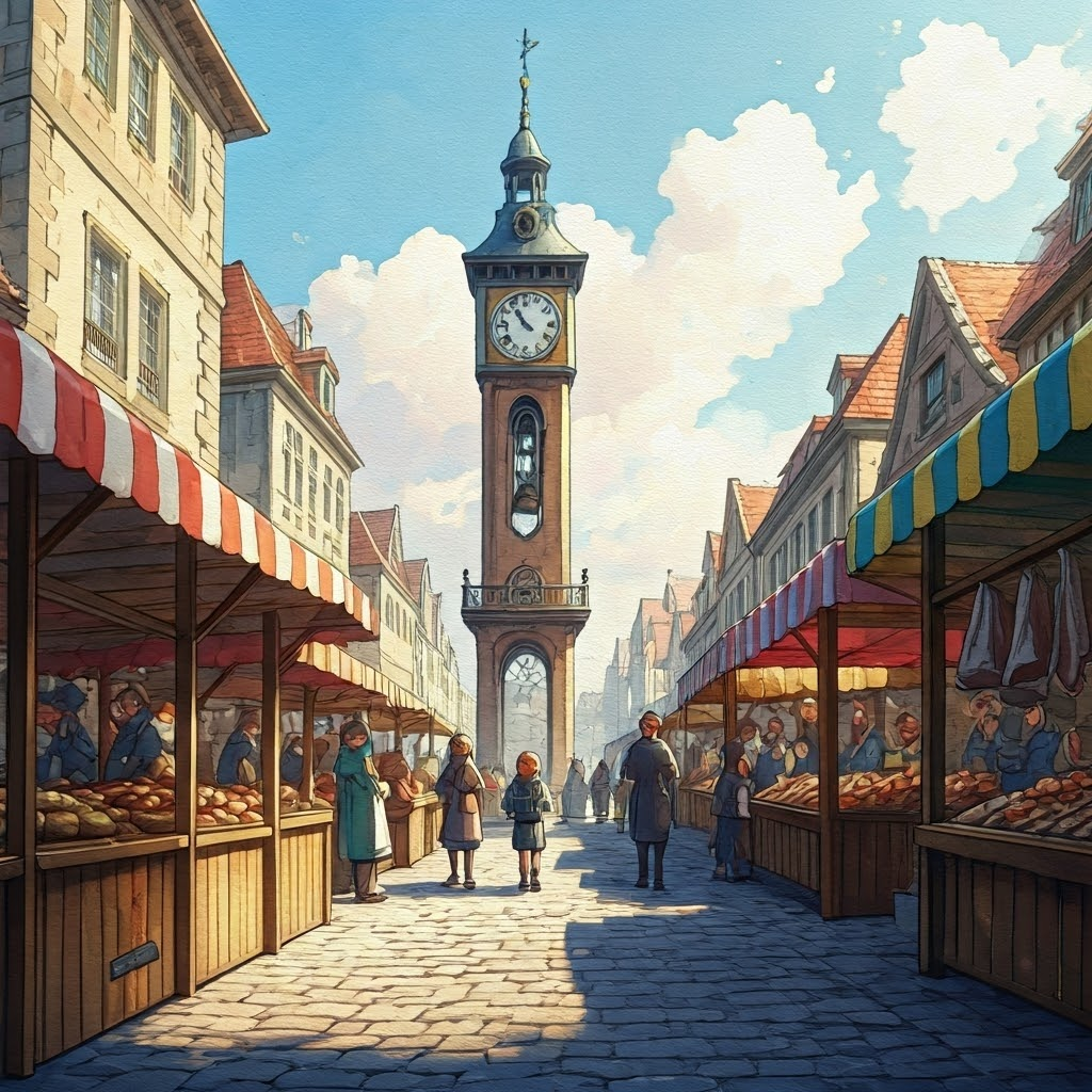 Lively market square with a central clock tower striking noon, guiding trade and daily plans.