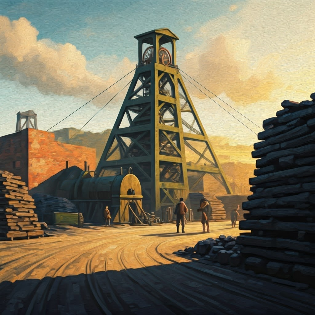 Mine yard with a working Newcomen engine and coal piles, illustrating its early adoption