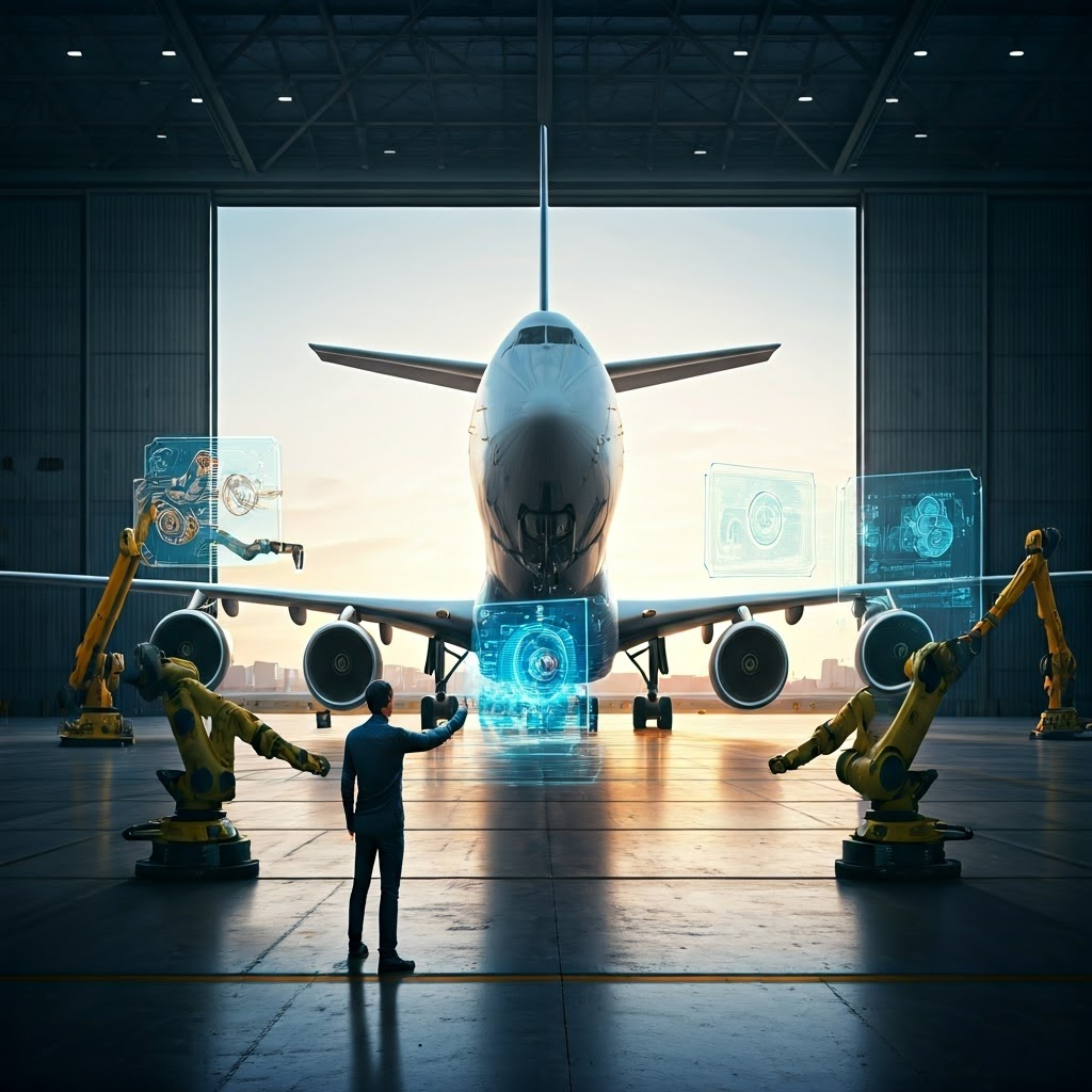 AI technicians inspect airplane engine with holographic diagnostics in advanced hangar.