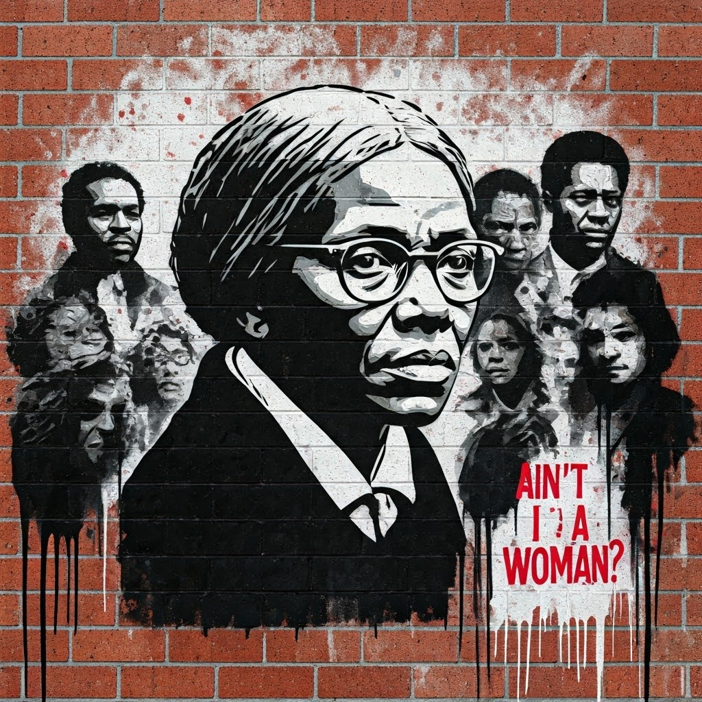 Graffiti portrait of Sojourner Truth with the words “Ain’t I a Woman?”—street-art protest energy.