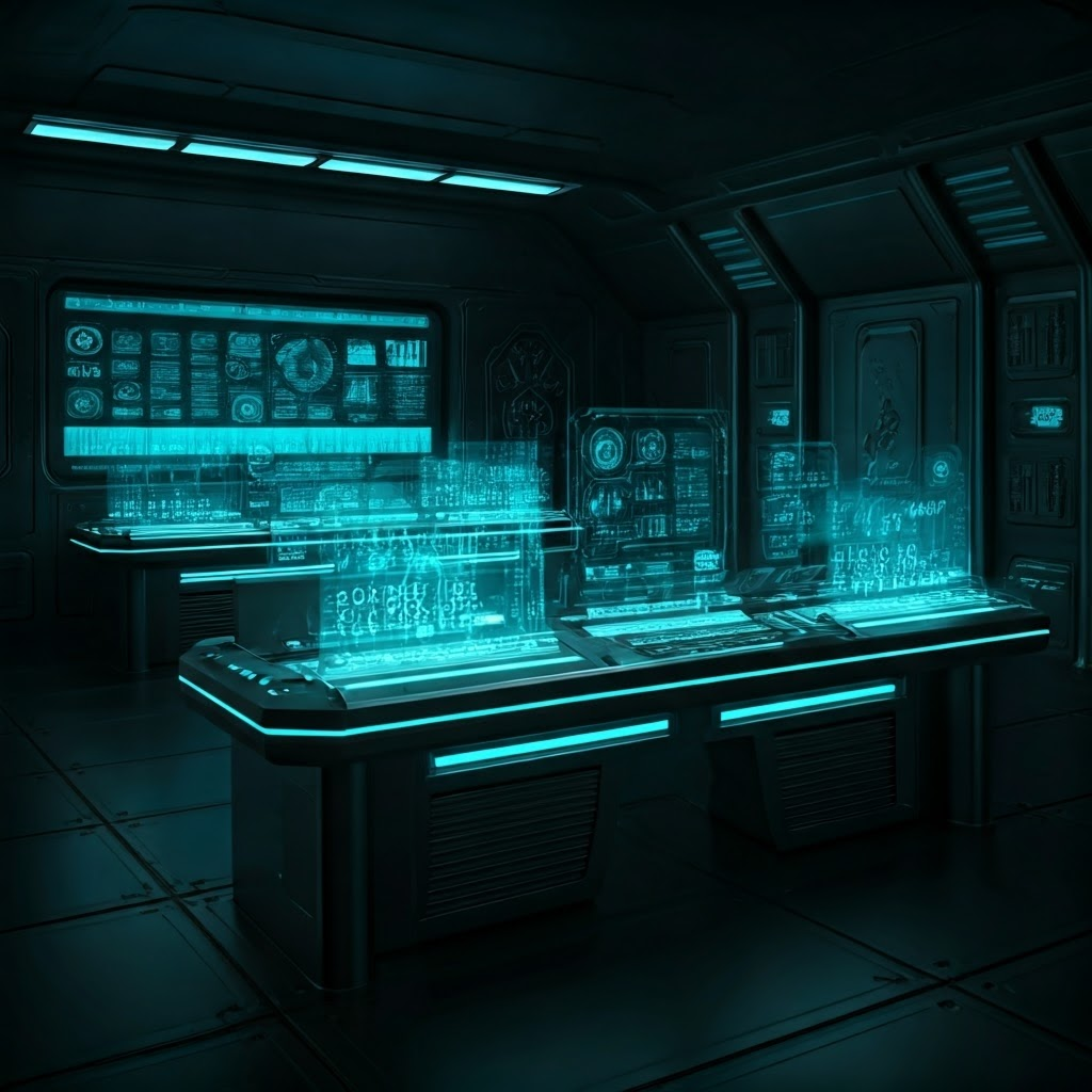 Futuristic command center with floating summary tables and glowing panels
