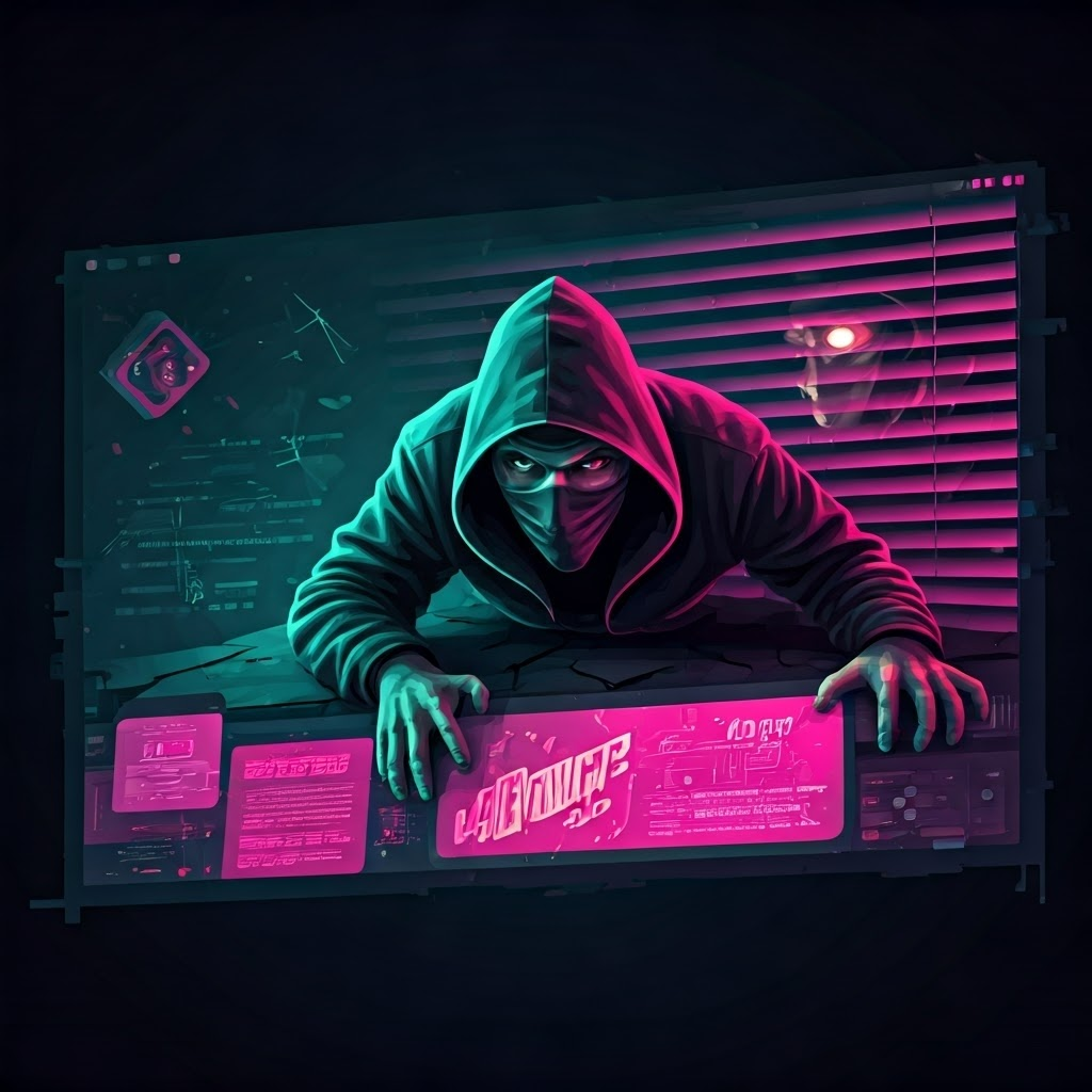 Glitch collage with hidden rootkit figure under floorboards, spy silhouette watching keystrokes, and exploding adware pop-ups.