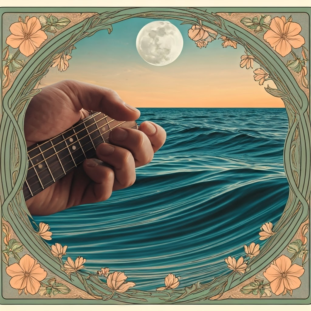 Guitar string vibrating side-to-side beside moonlit ocean waves, emphasizing perpendicular motion.