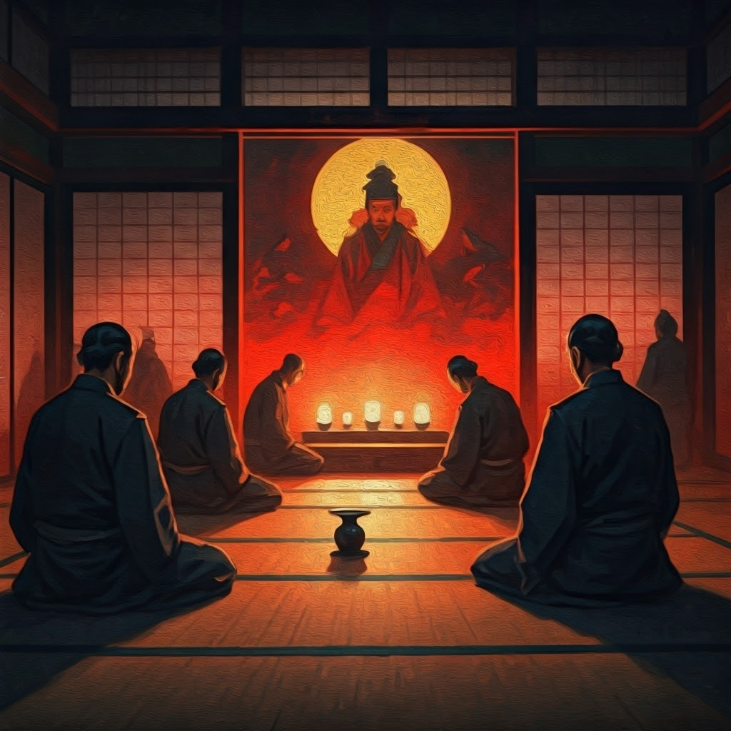 Dimly lit tatami room where fervent Japanese officers plan before a glowing imperial portrait, ghostly samurai forms rising behind them.