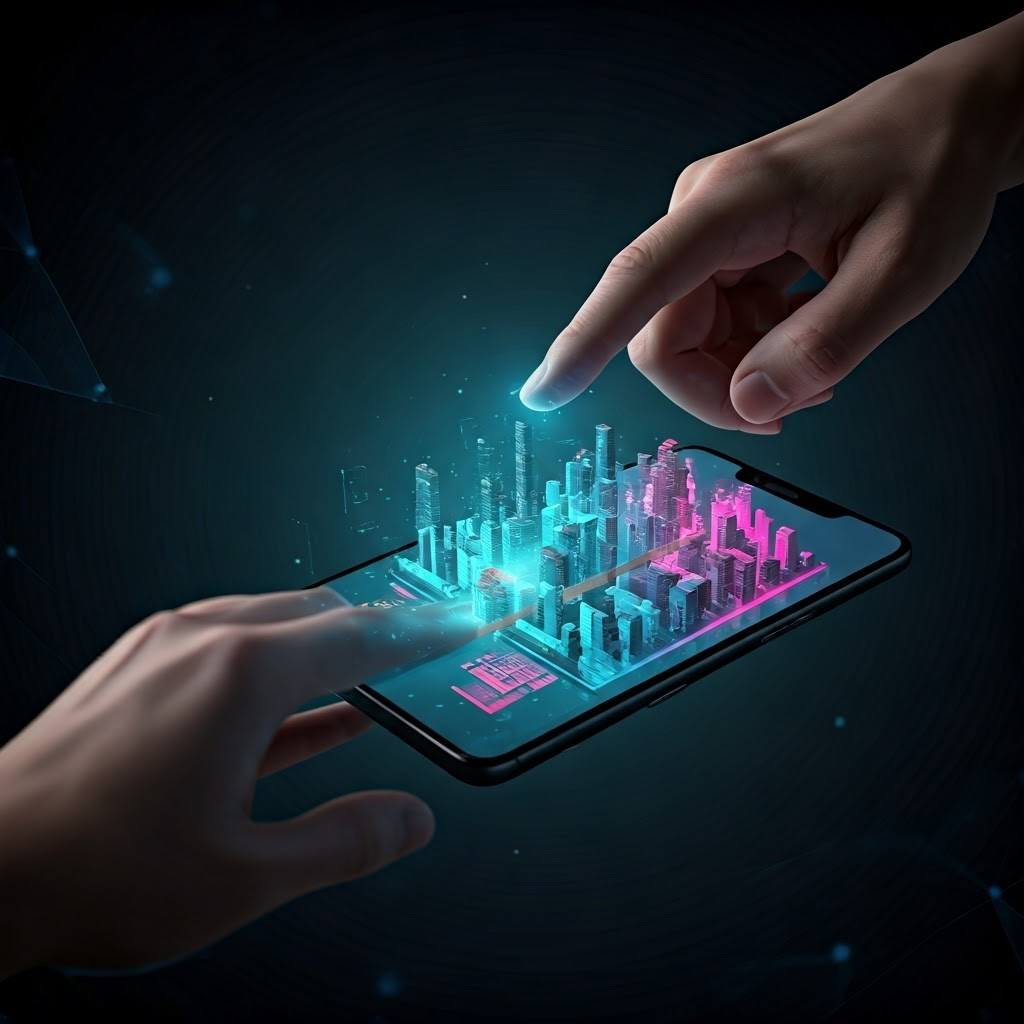 Holographic phone splitting and sending glowing data streams that reassemble