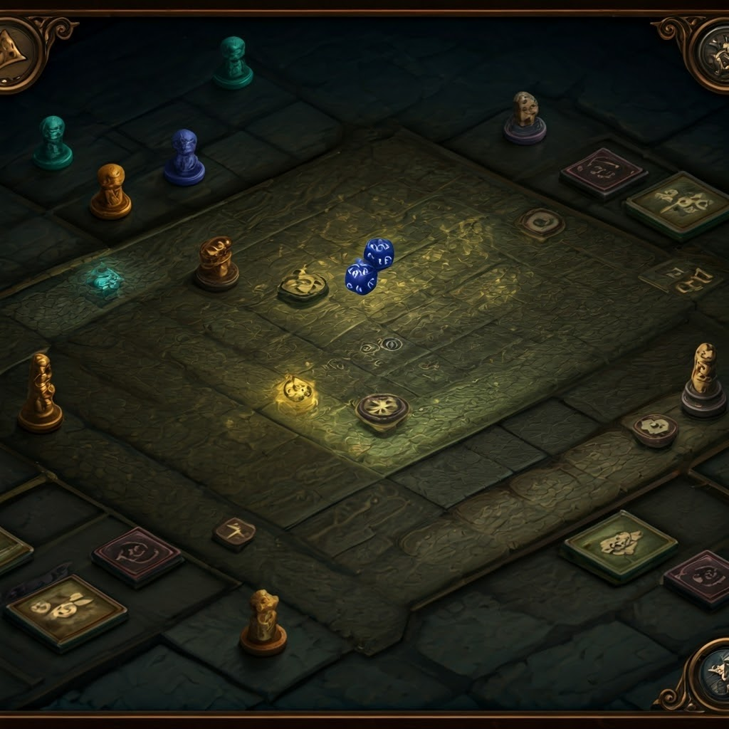 Board game pathways with floating dice, showing choices and consequences