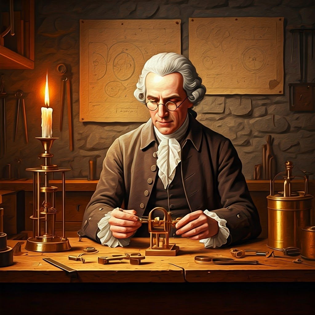 James Watt repairing a brass steam-engine model in an 18th-century Glasgow workshop lit by warm candlelight