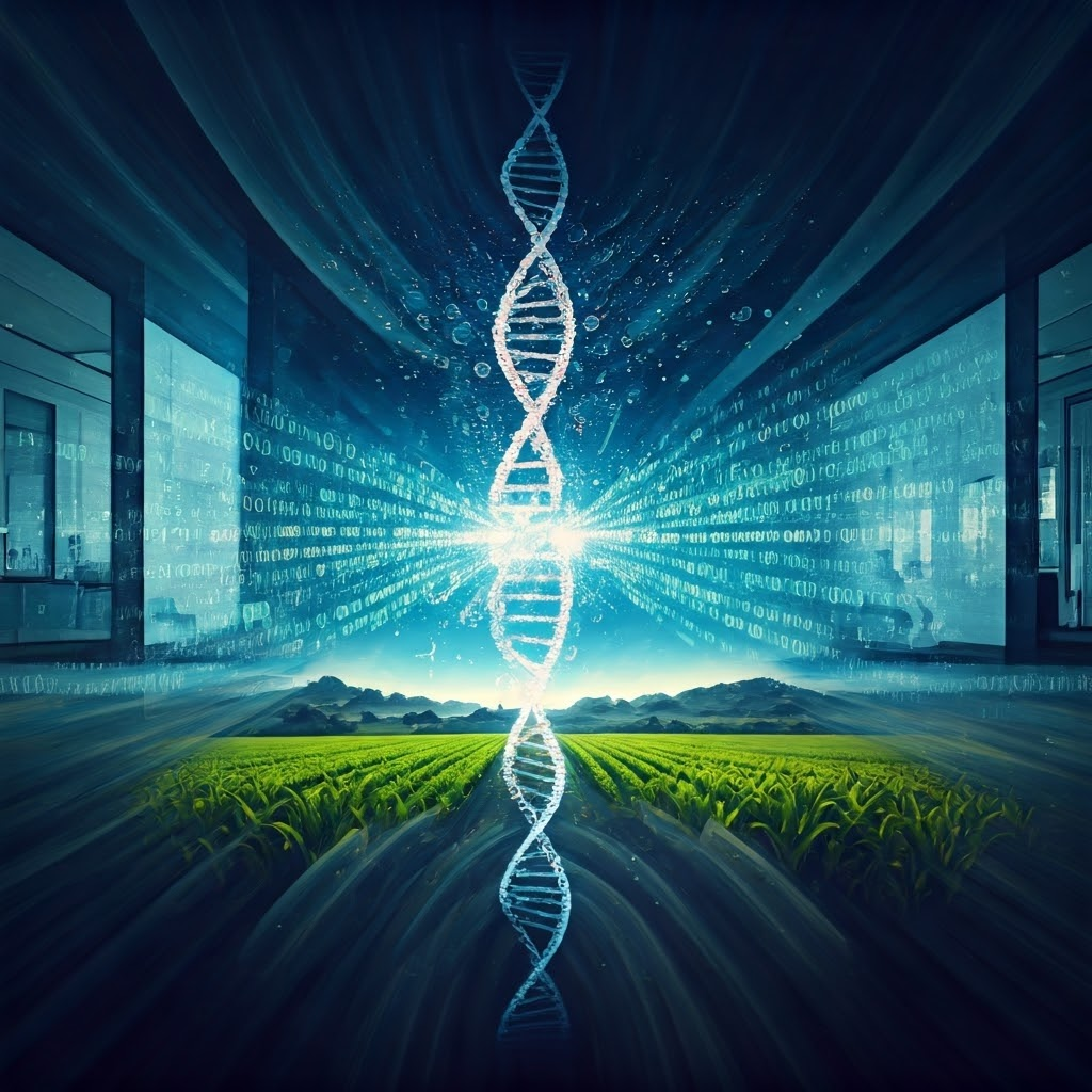 Watercolor scene of a DNA helix turning into binary code across labs, farms, and hospitals.