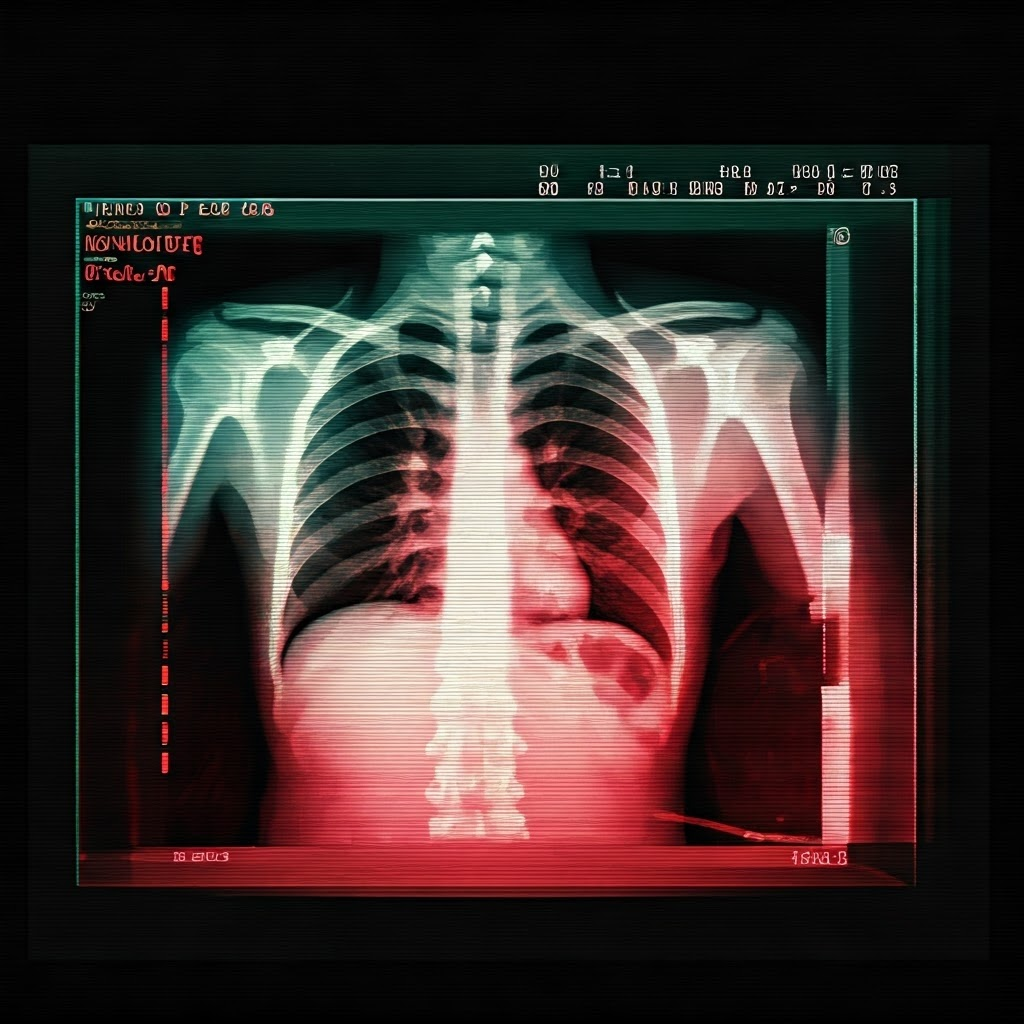 Glitch art screen showing distorted medical images and error graphics.