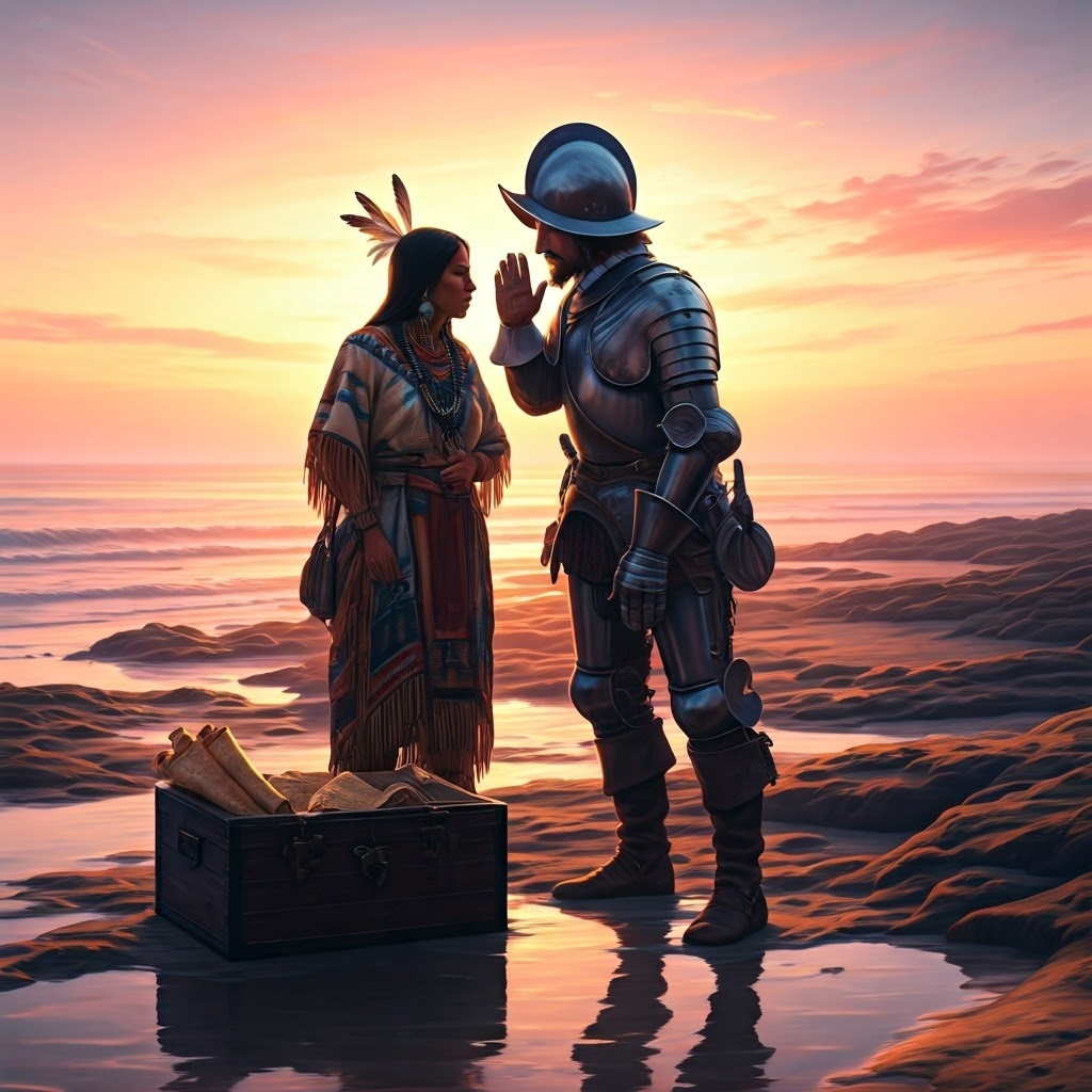 16th-century coastline at dawn where a Native Mesoamerican interpreter and a Spanish conquistador quietly plan strategy, symbolizing the vital role of translators in early encounters.