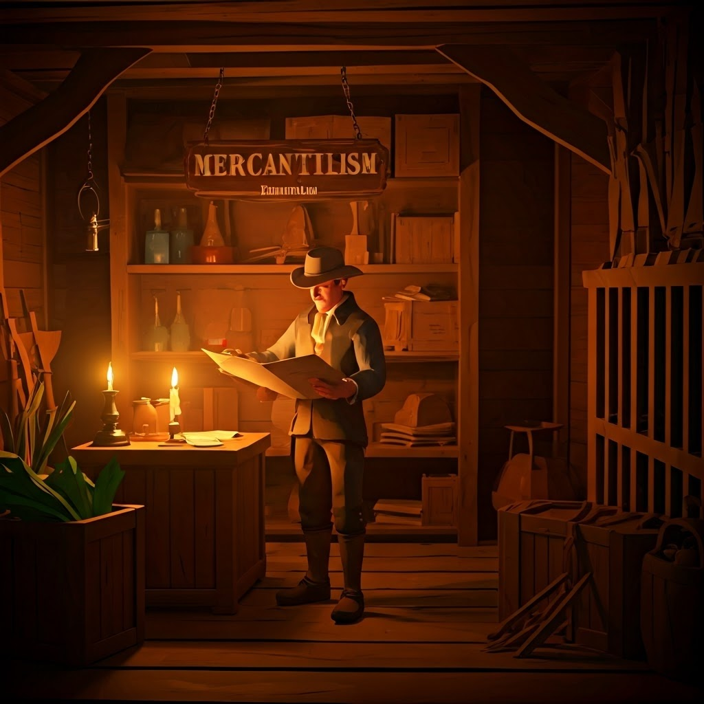 Dim colonial general store where a worried farmer studies overpriced imports under candlelight, symbolizing tight mercantilist limits.
