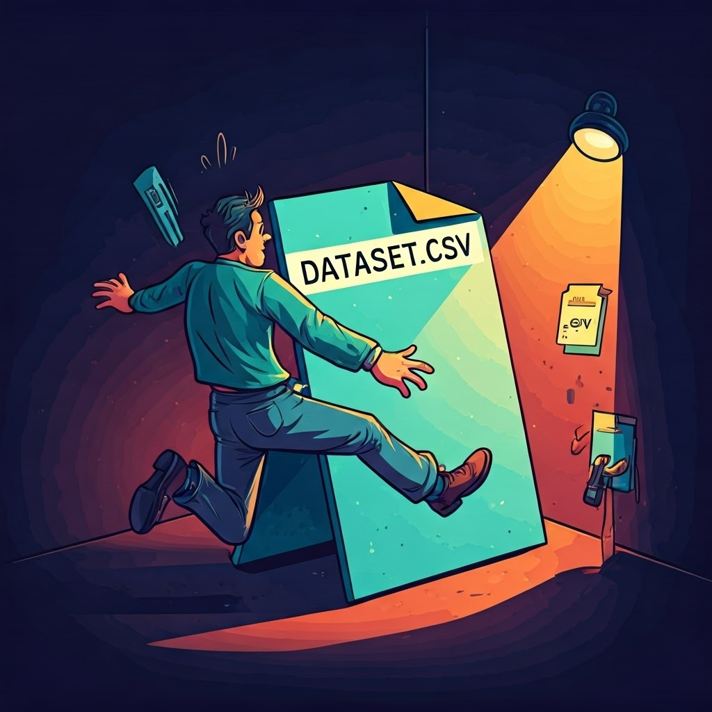 Cartoon of developer tripping over huge dataset while another spots hidden .env file