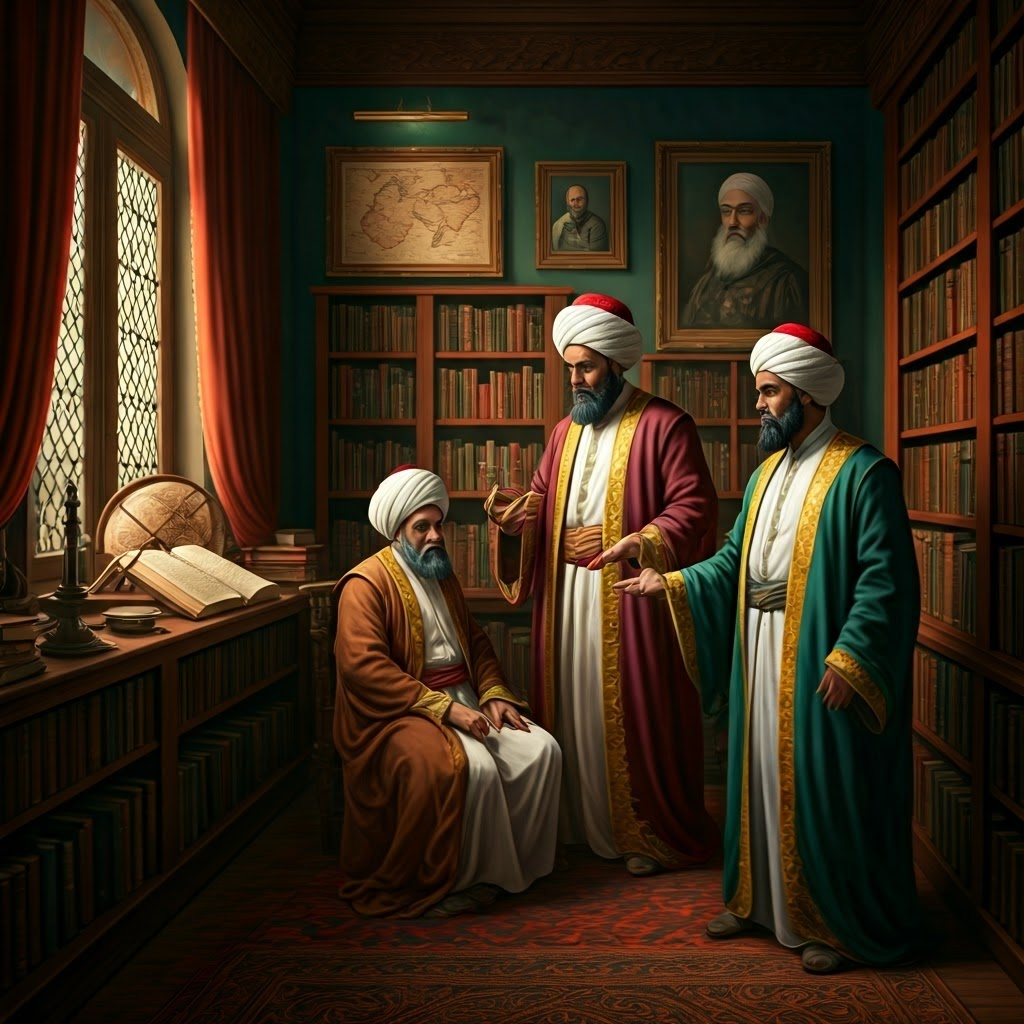 Scholars in a 19th-century study debate over manuscripts and scientific gear, capturing Islam’s struggle between tradition and reform under European influence.