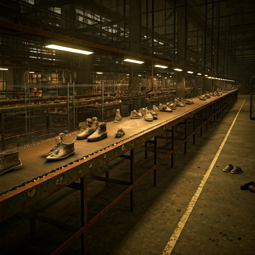 Deserted Soviet shoe factory with rusted machines and unfinished shoes highlighting inefficiency
