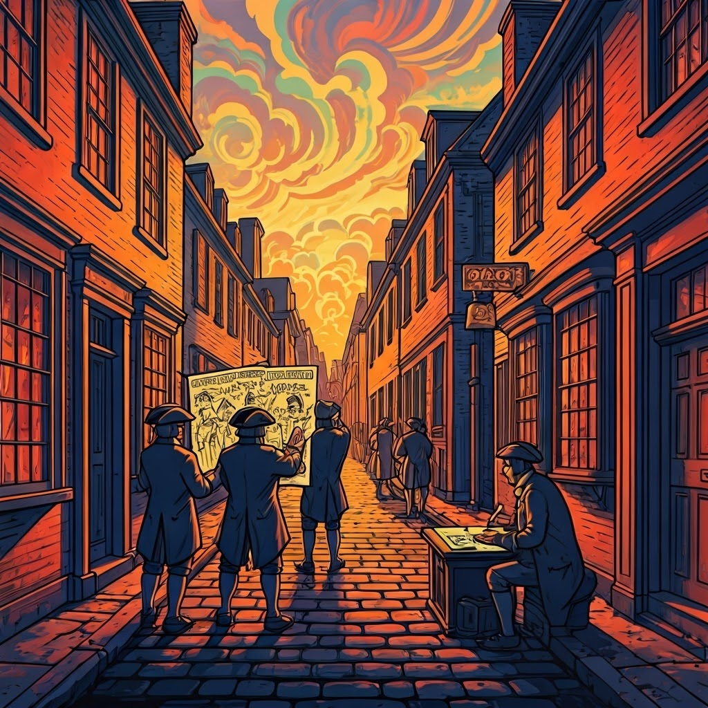 Colonial street where newsboys shout headlines while artisans study cartoons mocking British officials, highlighting quick information spread.