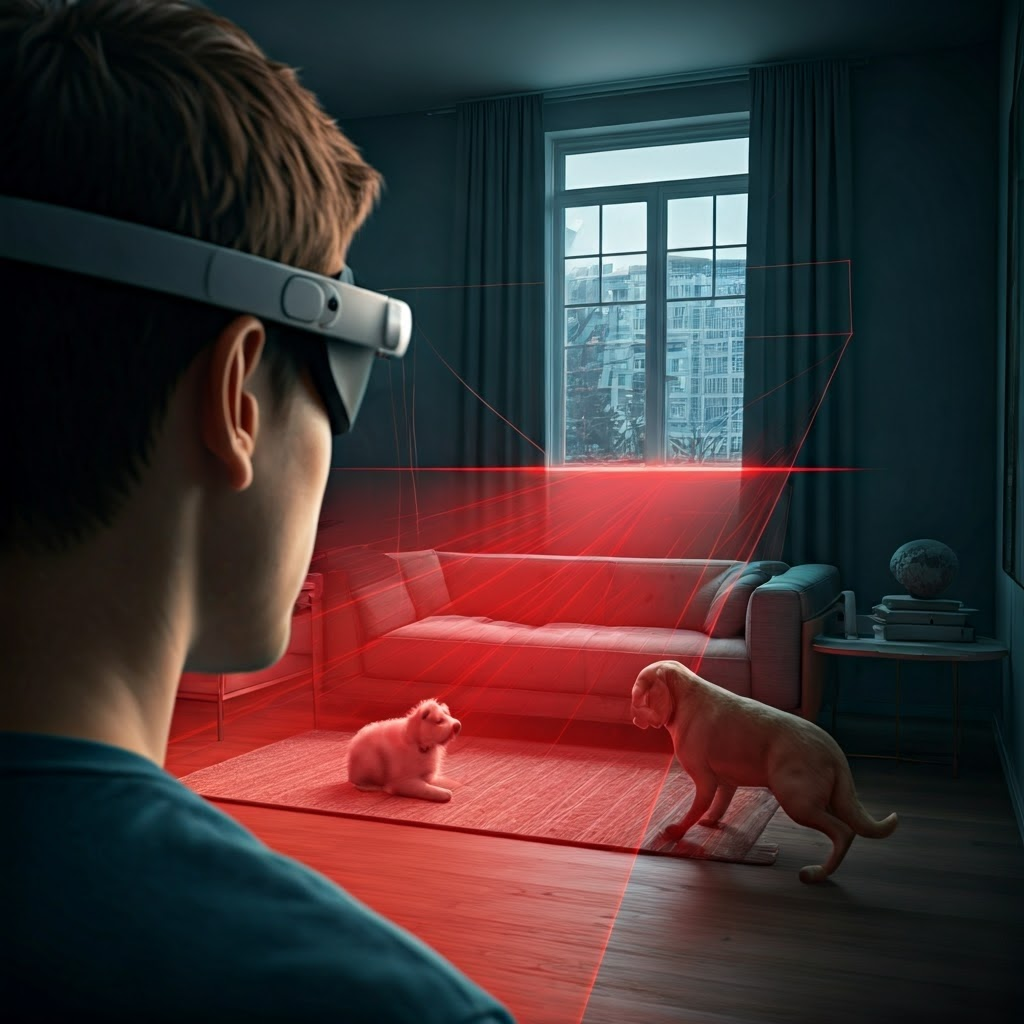 AR headset emits LiDAR pulses to map a furnished room and a dog.