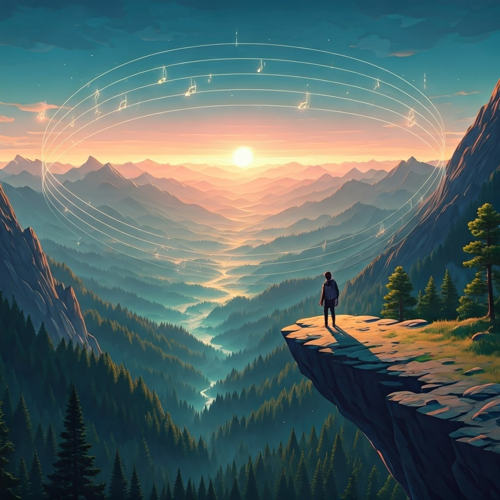 At sunrise, a lone adventurer surveys a vast valley while faint glowing notes drift toward a distant point, subtly guiding attention.